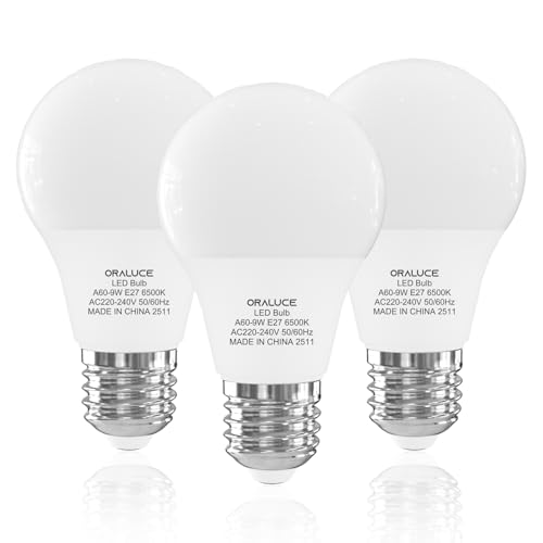 ORALUCE E27 Screw Bulb Cool White 60W Equivalent, 6500K E27 LED Bulb, 9W 900 Lumen Light Bulb Screw, Non Dimmable，GLS Energy Saving e27 Bulbs for Table Lamp, Floor Lampe, Wall Lamp, Pack of 3