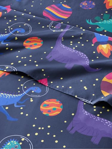 Image of Kids Queen Size Space Dino Bed Sheets - 4 Piece Kids Space Dino Sheet Set | Space Dino Themed Bedding, Ultra-Soft, Cute & Cozy, Breathable & Machine Washable, Bed Set for Boys, Girls & Teens & Cooling