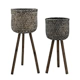 Set of 2 Wicker Basket Decorative Planter Pot with Stand – Handwoven Wooden Bamboo & Plywood Outdoor & Indoor Plant Pot – Rustic Garden & Home Decor Planters – 19' & 23', Brown