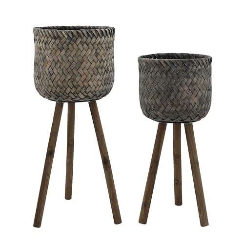 Set of 2 Wicker Basket Decorative Planter Pot with Stand – Handwoven Wooden Bamboo & Plywood Outdoor & Indoor Plant Pot – Rustic Garden & Home Decor Planters – 19" & 23", Brown