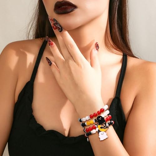 Halloween Bracelets Halloween Gifts for Women Halloween Themed 2 Pcs Beaded Matching Bracelets with Pumpkin Bat Ghost Grim Reaper Charm Accessories Halloween Party Decorations Jewelry3