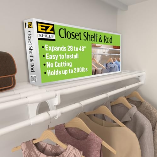 Image of EZ SHELF Closet Shelf with Hanging Rod - 28-48 inch Expandable, White, Closet Shelves - Strong, Holds 200 lbs - DIY, Easy Install to 2 Side Walls - Alternative to Wire Shelving