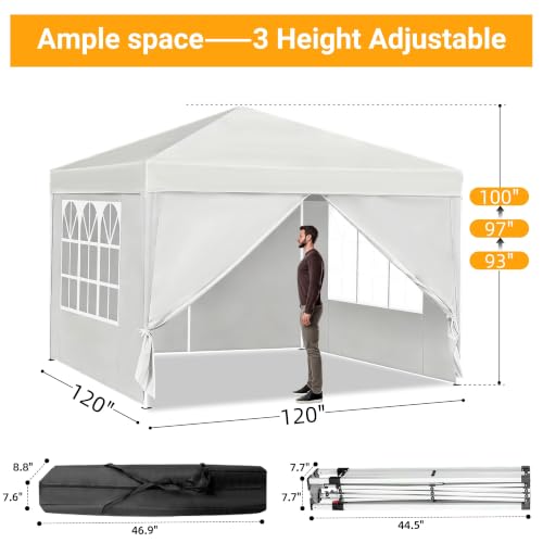 Image of 10x10 White Pop Up Canopy Tent 4 Sidewalls Height Adjustable Portable Gazebo One-Push Setup with Wheeled Bag for Summer Weddings, Backyard BBQ, Beach Camping, Poolside Parties