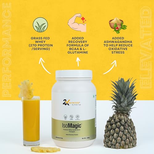 Image of 2X Nutrition Premium Whey Isolate Blend Protein Powder ISOMAGIC with Ashwagandha, 27g Protein, Low Fat & Carbs, for Faster Muscle Growth, Added Free-Form BCAA & L-Glutamine, Pineapple, 1Kg