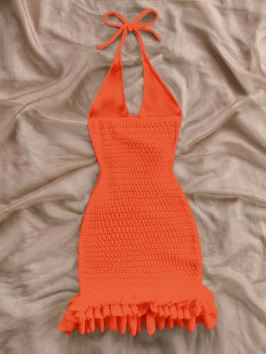 Image of GORGLITTER Women's Vacation Outfit Crochet Halter Knit Bubble Mini Dress Sexy Beach Cruise Summer Miami Resort Outfits