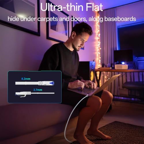 Image of Cat8 Flat Ethernet Cable 75 FT Indoor & Outdoor, Invisable Ultra-Thin Ethernet Cable High Speed 40Gbps 2000Mhz, Flexible Shielded Internet Cable, Cat 8 SFTP Network Cable for Home /Office /Gaming, White