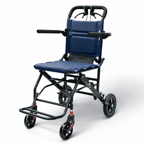 Image of EASYCARE - Portable, Metal, with Attendant Break, feature Safety Belt, Back Pocket and Carry Bag, Easy for Mobility Travelling Wheelchair (Blue Travel Wheelchair)