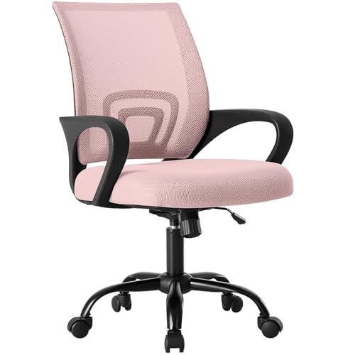 Image of DUMOS Home Office Chair - Ergonomic Mid Back Mesh Desk Chair with Lumbar Support & Rocking Mode, Height Adjustable with Fixed Armrest, for Computer, Gaming, Meeting, 360 Swivel, Pink