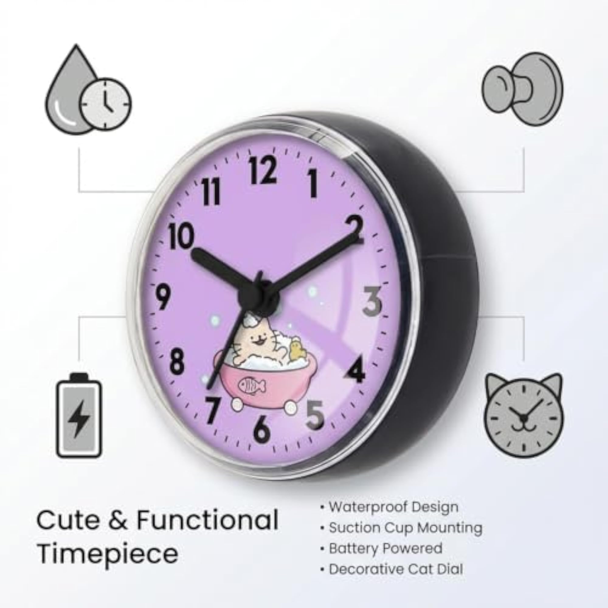 Waterproof Round Cartoon Bathroom Clock, Small Decor