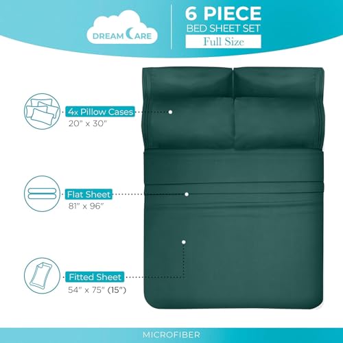 Image of DREAMCARE Full Size Sheets - 6 pcs Breathable Cooling Sheets Full Size Bed | up to 15 inch Deep Pocket Full Sheet Set with Side Pockets - Extra Soft Full Size Bed Sheets - Hotel Luxury Bed Sheets EmrldGreen
