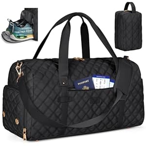 Gym Bag for Women, 40L Duffle Bag with Toiletry Bag Waterproof Weekender Carry On Bag with Shoe Compartment & Wet Pocket for Sports Yoga Travel, Black