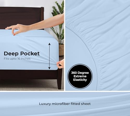 Image of Royale Linens Fitted Sheet King - Ultra Soft 1800 Brushed Microfiber - Hotel Luxury Bottom Sheets - Wrinkle Free & Fade Resistant - Deep Pocket Fitted Sheet Only (King, Lake Blue)