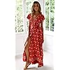 PRETTYGARDEN Women's Casual Long Summer Dresses Boho Floral Wrap V Neck Short Sleeve Split Maxi Beach Dress (Red -1,Medium)