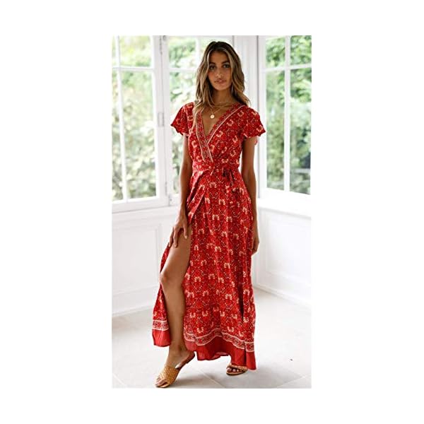 PRETTYGARDEN Women's Casual Long Summer Dresses Boho Floral Wrap V Neck Short Sleeve Split Maxi Beach Dress (Red -1,Medium)
