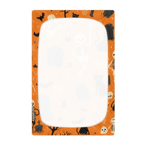 Image of Crib Sheet Breathable Soft Crib Mattress Sheet for Baby Toddler Boys Girls Fitted Crib Sheet Fit Standard Crib Mattress 52 x 28 Inch Halloween Orange Skeletons Cat Bats Tombstones Trees