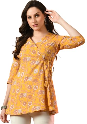 Image of feranoid Floral Print Angrakha 3 Sleeves Flared Kurti