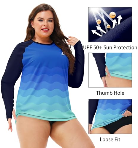 Deerose Womens Plus Size Rash Guard Long Sleeve Swim Shirts with Thumb Hole2