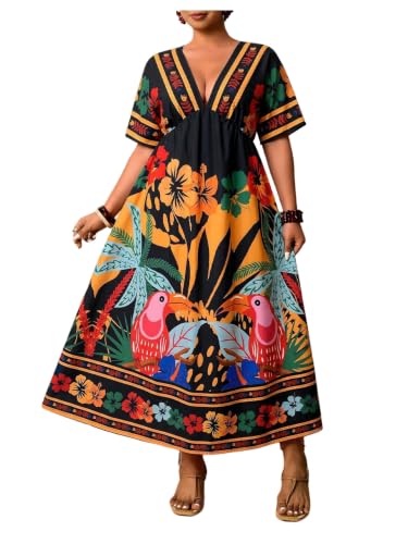 Image of Floerns Women's Plus Size Boho Hawaiian Tropical Dresses V Neck Short Sleeve Floral A Line Long Dress Vacation Beach Outfits