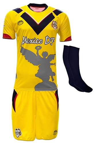 ARZA Mexico DF Uniform Kit Set Jersey, Shorts, Socks and Number Yellow (US, Alpha, X-Large, Regular, Regular, Yellow)