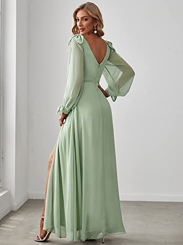 Image of Ever-Pretty Women's Fall Winter Formal Wedding Guest Dress Long Sleeve V Neck Chiffon Floor Length Bridesmaid Dresses 80116