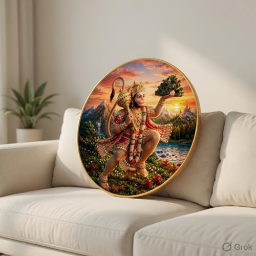 Image of SAF Lord Hanuman Wall Painting with PVC Round Frame | Sparkle Laminated Bajrangbali Carrying Sanjivani Parvat Artwork | Hindu Spiritual Wall Decor for Home Temple Living Room Gift