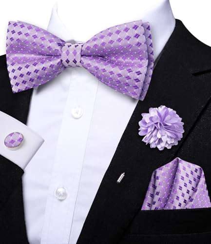 Image of Hi-Tie Bow Ties for Men Pre-Tied Pocket Square with Cufflinks Mens Bowtie Sets for Wedding Formal Party