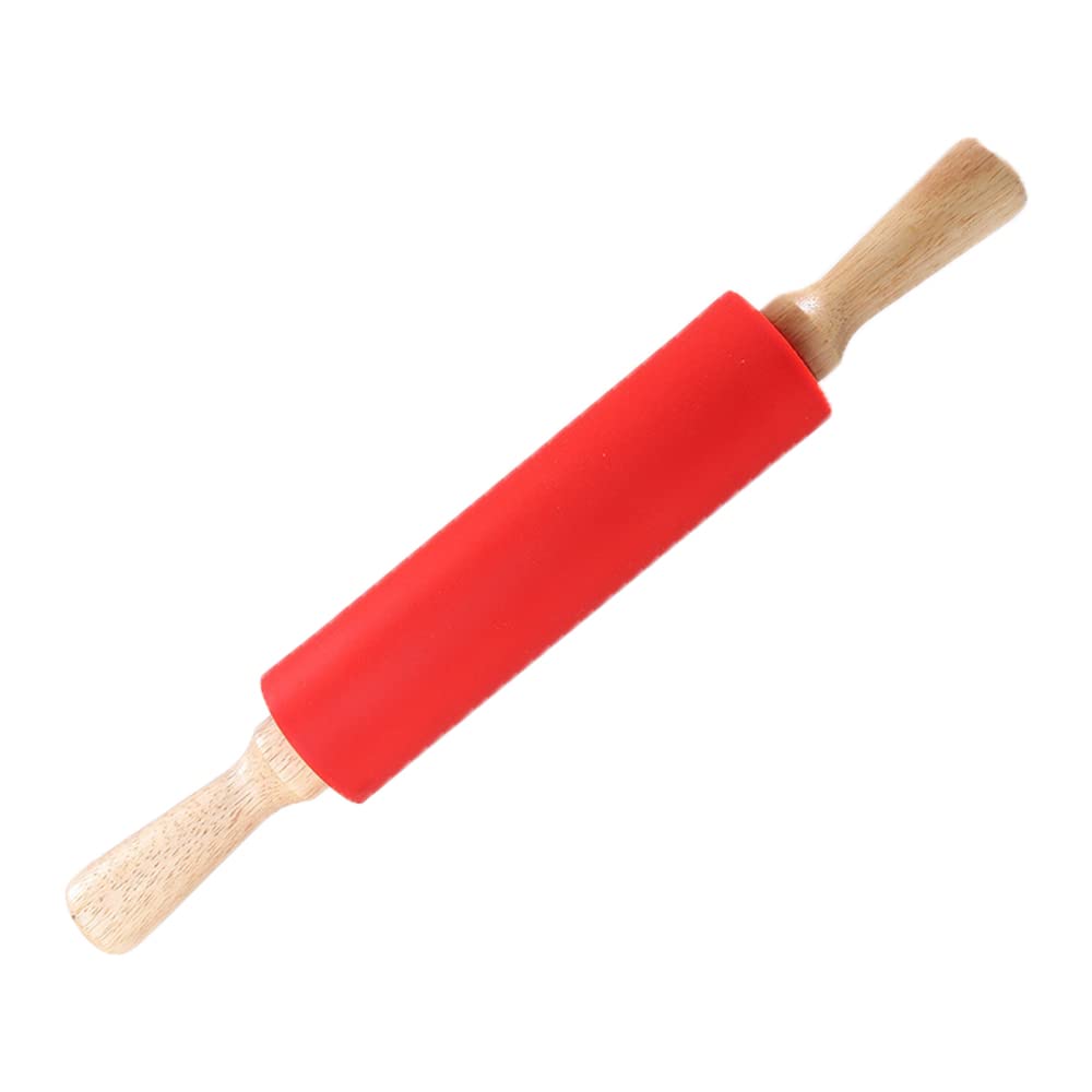 Kitchen Silicone Rolling Pin, Rotating Embossed Biscuit Wooden Large Non Stick Smooth Dough Roller for Kitchen Use, Baking, Children (Red)
