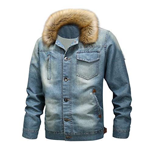 Stoota Men's Faux Fur Collar Distressed Denim Jacket, Vintage Sherpa Fleece Lined Trucker Coat Outwear