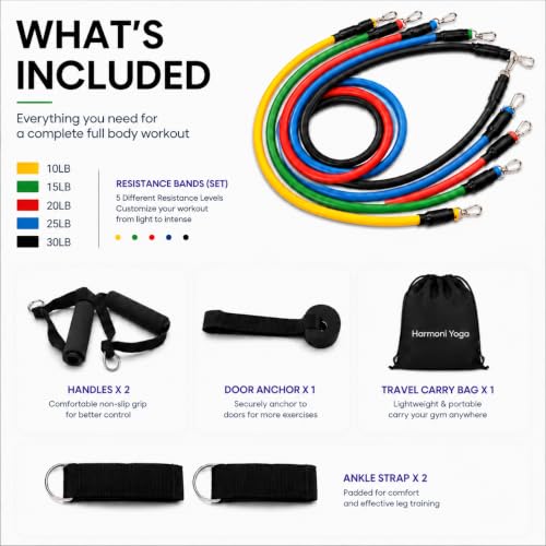 Image of Harmoni Yoga 11-in-1 Resistance Bands, Home Gym, Full Body Workout, 100LB | Includes door anchor, foam handles, ankle straps, carry bag; 100LB total resistance; ideal for men, women, all fitness levels