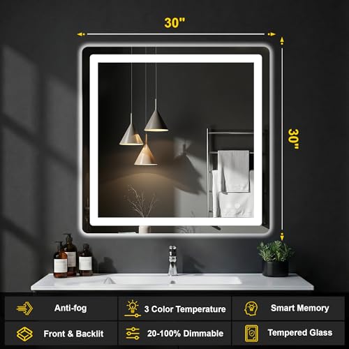Image of LED Bathroom Mirror with Lights, 30 inchx30 inch Lighted Vanity Mirror for Wall | Anti-Fog, Dimmable 3 Color Light, Backlit+Frontlit, Shatterproof Tempered Glass, Memory Function