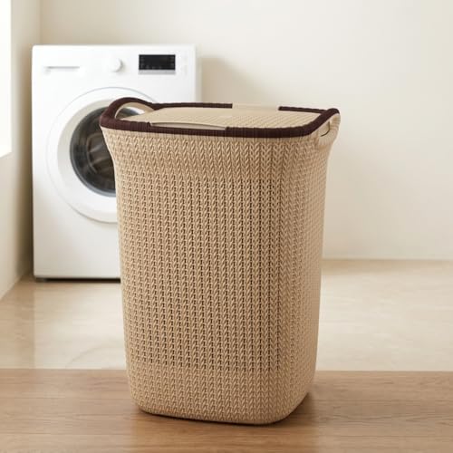 Image of PrettyKrafts 60L Plastic Laundry Basket with Lid | Large Clothes Laundry Basket & Storage Bin | Toy Storage Basket | Multipurpose Storage Organiser | 61x45x35cm | Beige