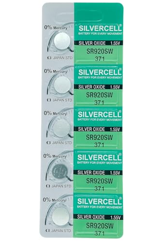 Image of SILVERCELL Premium SR920SW 371 /395 Silver Oxide Watch Battery 1.55V - Mercury-Free, Long-Lasting, High-Performance Button Cell for Watches, Calculators & Devices - Made in Japan (Pack of 5)