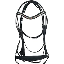 Dressage Leather Horse Bridle with Multi Color Crystal Brow-Band with Nose-Band Black ST-022