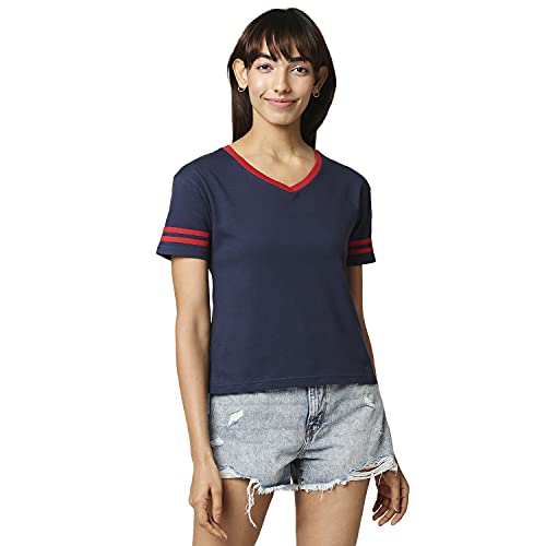 Image of Bewakoof Women Plain V Neck Stripe Accent Half Sleeve T-Shirt - XX-Large