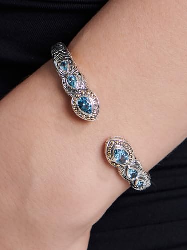 Image of DEVATA Sterling Silver 925 and 18K Gold with Gemstones Bali Filigree Cuff Bracelet