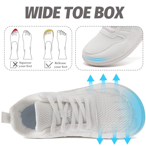 Women's Wide Toe Box Barefoot Sneakers Walking Slip On Shoes Zero Drop Running Sneakers Breathable Non Slip Casual Jogging Shoes White Size US 7.52