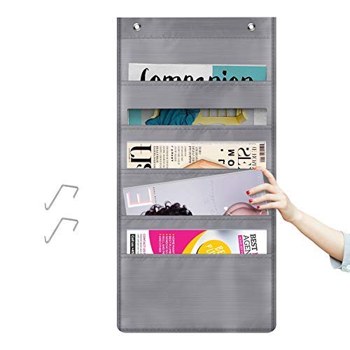 Hanging Wall File Organizerï¼Œ 5 Pockets Heavy Duty Storage Pocket Chart Included 4 Over Door matel Hangers - Organize Your Assignments, Files, Scrapbook Papers & More (Gray)