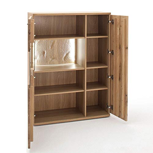 Lomadox Wohnwand in Asteiche Bianco massiv geölt, mit Highboard, Lowboard, Vitrine und Regal, 320cm Breite – Bild 7