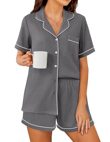 Image of Ekouaer Womens Waffle Knit Pajama Sets Soft Short Sleeve Button Down Sleepwear Cozy 2 Piece Pjs Shorts Set