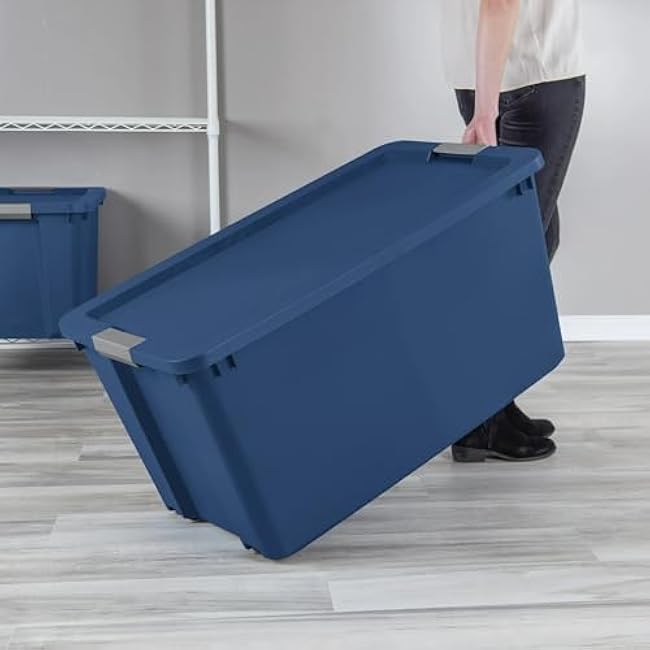 Extra Large Storage Bin, 45 Gallon Plastic Storage Container with Latch Lid and Wheels, Blue