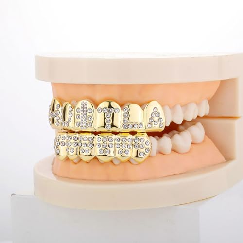 JINAO Gold grill 14K Gold Plated Iced Out Fake Diamond Mouth Teeth Grillz Top Bottom Tooth Hip Hop Bling Gold Shiny Grills for Men Women Halloween Costume Jewelry (Hustle)