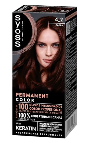 Syoss Permanent Color Tono 4-2 Caoba, Tinte para Pelo Mujer, Cobertura Profesional de Canas, Color Duradero y Cuidado Profundo, Incluye Mascarilla Intensiva con Keratina
