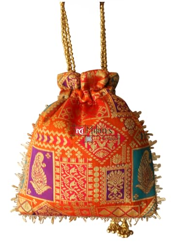 Image of MILAN'S CREATION Potli Banarasi Silk Brocade Bag Purse Drawstring Women's handbag with Pearl Handle & Tassel Weddings