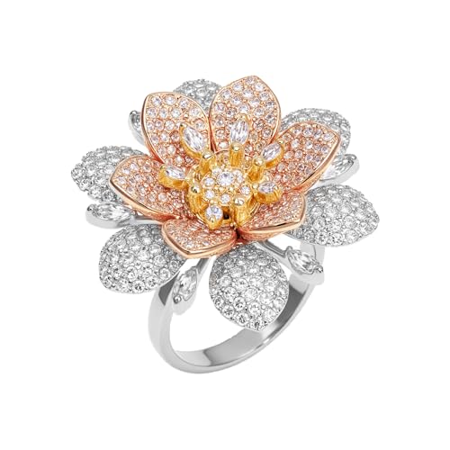 Aura & lrena Statement Flower Ring for Women, 18K Gold Plated Adjustable Open Band Cocktail Ring, 3D Floral Zirconia Fashion Jewelry, Bold Elegant Ring Gift