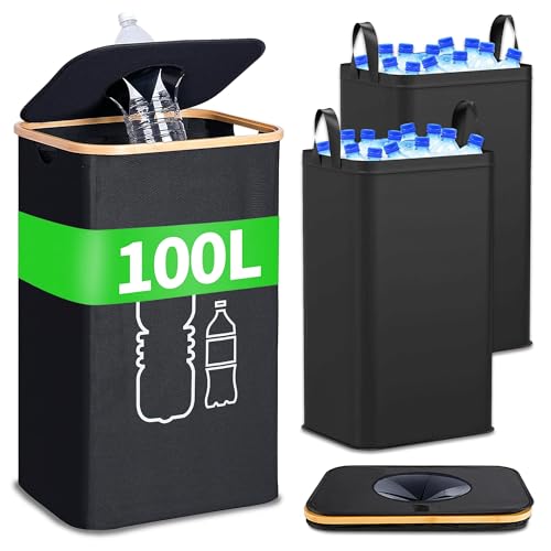 Poubelle de Tri Sélectif 100L avec Couvercle–Collecteur de Bouteilles Pliable avec Trou de Dépôt et Sacs de Transport, Idéale pour le Recyclage en Cuisine et en Extérieur