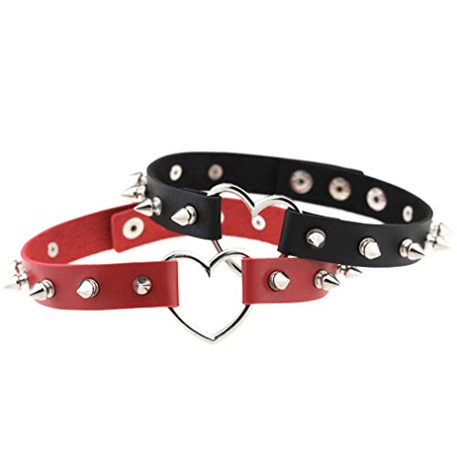 Jurxy 2 Stück Breit Lederhalsband Halskette Herz Form Damen Leder Choker Niet Halsband Gotik Punk Rock Lederband Einstellbar Kragen – Schwarz