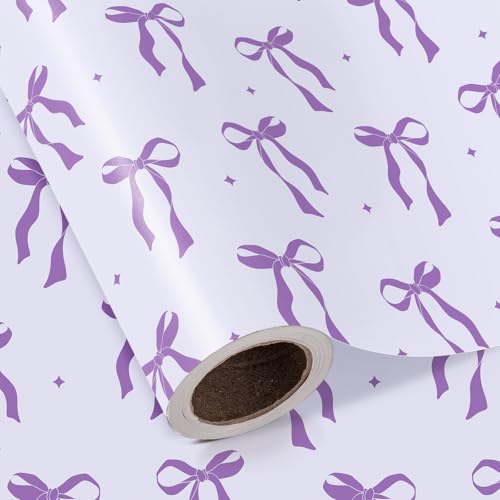 RUSPEPA Lavender Bow Wrapping Paper Roll - Mini Roll - 43.2cm x 5m - Purple Ribbon Bow Design Perfect for Birthday Baby Shower Bridal Shower Wedding Valentines Day