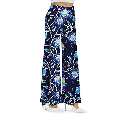 Arolina Women's Stretchy Wide Leg Palazzo Lounge Pants Casual Comfy High Waist Palazzo Pants Large Blue Flower