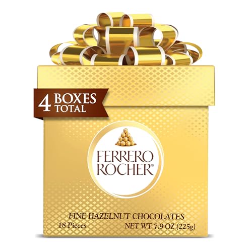 Ferrero Rocher, 4 Holiday Gift Boxes, Premium Gourmet Milk Chocolate Hazelnut, Individually Wrapped Chocolate, 7.9 oz Each