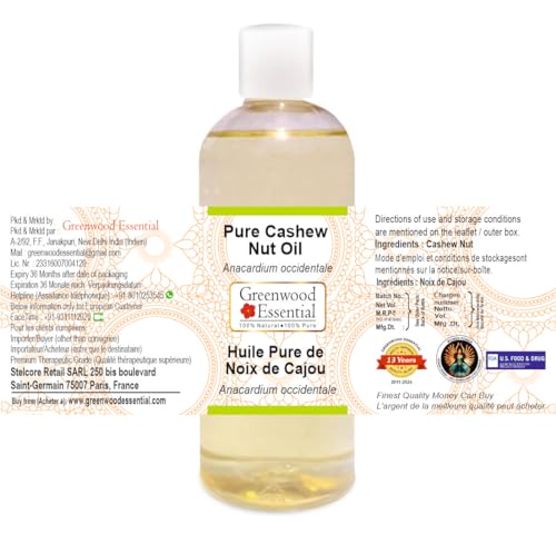 Image of Greenwood Essential Cashew Nut Oil (Anacardium occidentale) | Infused | Pure | Non-Sticky | Lightweight | Moisturizing | For Skin & Hair | Multi-Purpose Use | Men & Women | 200ml